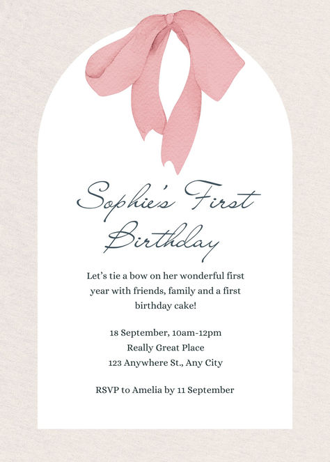 Pink Beige Simple Coquette Bow First Kids Birthday Invitation Cute Birthday Invitation Template, Coquette Invitation Template, Pita Pink, Coquette Invitation, Beige Coquette, Bow Invitation, Birthday Invitation Card Template, Bow Birthday, Birthday Inspo