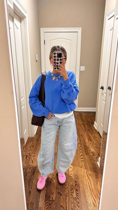 What I’m wearing today! #outfitinspo #freepeoplestyle #everydaystyle barrel jeans, casual style, puma palmero special, aerie, oversized… | Instagram Fall Outfits Barrel Jeans, Grey Barrel Jeans Outfit, Balloon Leg Jeans Outfit, Barrel Jeans Outfit Spring, Barrel Jeans Fall Outfit, Sydney Adamu Outfits, Outfit Inspo Fall 2024, Outfits With Barrel Jeans, Barrel Jeans Outfit Summer