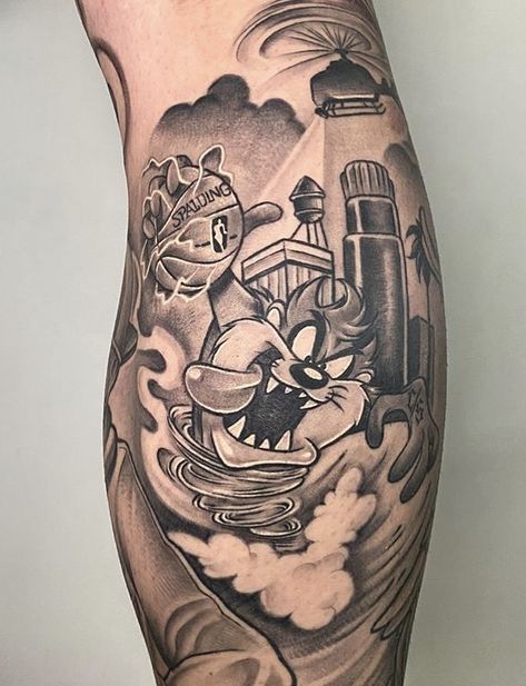 Looney Tunes Sleeve Tattoo, Cartoon Leg Sleeve Tattoo, Tazmania Devil Tattoo, Cartoon Sleeve Tattoo, Cartoon Tattoos For Men, Looney Tunes Tattoo, Taz Cartoon, Taz Tattoo, Portrait Tattoo Sleeve