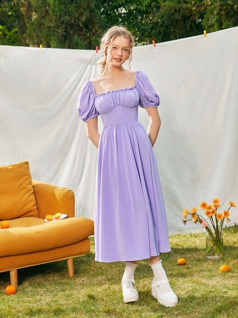 SHEIN MOD Puff Sleeve Ruched Bust Dress | SHEIN USA Long Purple Dress Casual, Light Purple Dress Casual, Light Purple Dress Long, Purple Dress Simple, Vestidos Color Lila, Purple Puff Sleeve Dress, Simple Purple Dress, Casual Purple Dress, Sundress With Sleeves