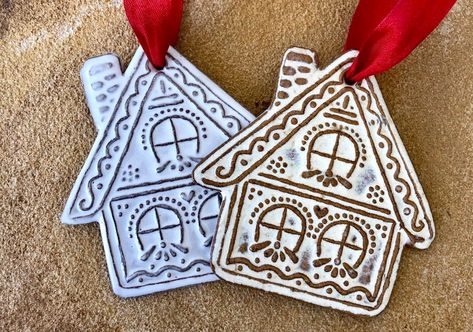 Pottery Christmas Ornaments, Winter Pottery, White Gingerbread House, Gingerbread House Ornament, Pottery Sale, Pottery Christmas, State Ornaments, Speckled Clay, Ceramic Stoneware