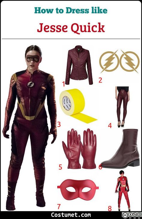 Jesse Quick's costume can be recreated with matching leather burgundy jacket and pants. Add in The Flash's sticker at the chest. Then finish the costume with burguny gloves, boots, and red eye mask.           #DC #female #tv #superhero #comics #DC #Flash Girl Flash Costume, The Flash Costume, Jesse Quick, Flash Cosplay, Dc Flash, Dc Costumes, Flash Costume, Quick Costumes, Hot Halloween