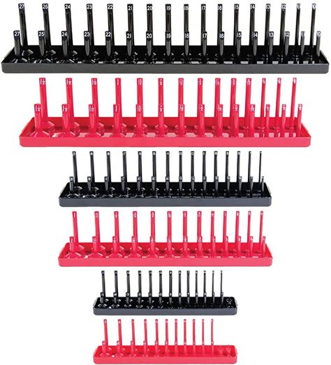 Amazon.com: B&C Home Goods Socket Organizers - 6 Piece SAE & Metric Tray Socket Holder - Toolbox Organizers and Storage for ¼, ⅜ and ½ inch Drive Holder for Mechanics : Automotive Truck Toolbox Organization, Workbench Garage, Toolbox Organizer, Socket Trays, Socket Storage, Wrench Organizer, Red Tray, Socket Organizer, Time Is Precious