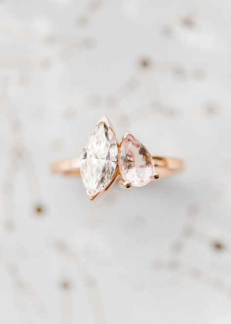 Meet the Vela, a two stone toi et moi style engagement ring. Crafted in 14k rose gold, the Vela features a marquise-cut labgrown diamond and a pear-cut labgrown pink diamond. Two Stone Engagement Ring Unique, Two Stone Engagement Ring, Diamond Alternative Engagement Ring, Ring Inspiration, Band Necklace, Engagement Ring Inspiration, Rose Gold Morganite, Pear Engagement Ring, Stone Engagement Ring