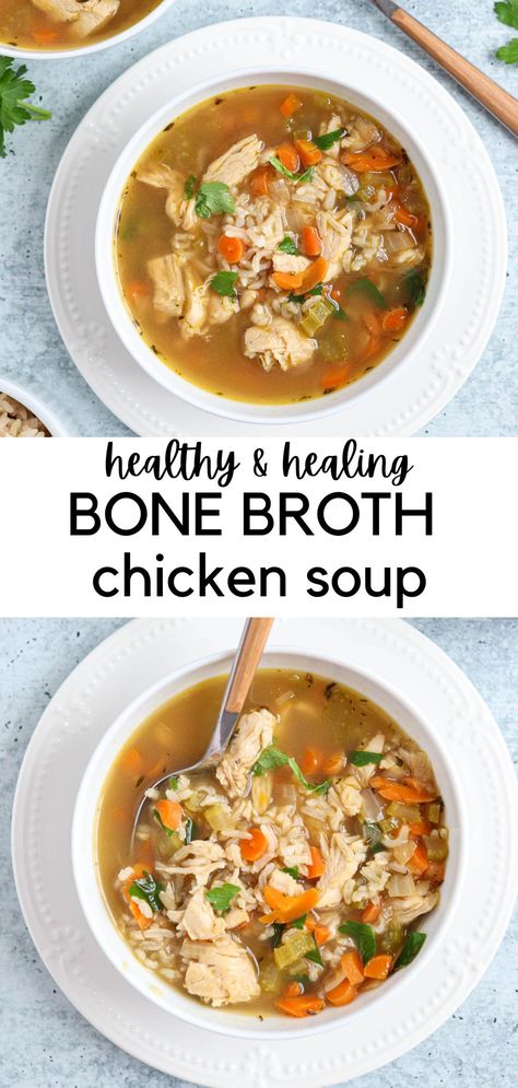 bone broth chicken soup with brown rice in a white bowl. Bone Broth Recipe Chicken, Broth Chicken Soup, Bone Broth Soup Recipes, Bone Broth Chicken, Chicken Bone Broth Recipe, Chicken Broth Soup, Chicken Soup Crockpot, Chicken Crock Pot, Bone Broth Diet