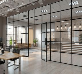 Frameless Sliding Glass Wall | Frameless Glass Panels Glass Partition Designs, Glass Wall Office, Glass Panel Wall, Modern Partition Walls, Glass Door Design, Glass Partition Wall, Glass Room Divider, Glass Room, Wrought Iron Doors