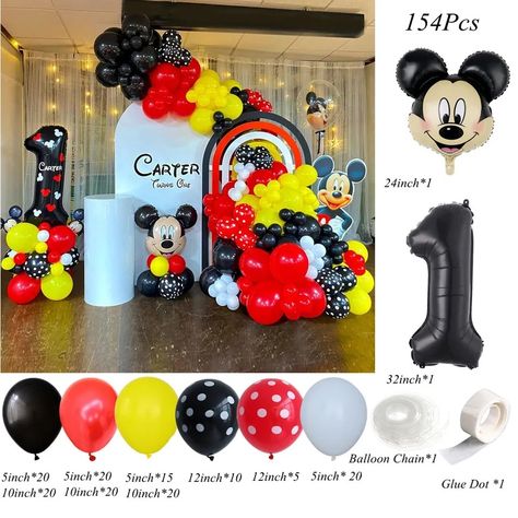 154pcs/Set Mickey Mouse Disney Balloons Arch Garland Kit for Kids Birthday Baby Shower Anniversary Party Background Decorations Mickey Mouse Balloon Arch, Mickey Mouse Backdrop, Mickey Mouse Balloons, Disney Balloons, Balloons Arch, 5 Balloons, Mickey Mouse Party, Baby Boy Birthday, Party Background