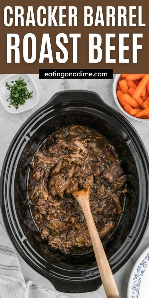 This Homemade cracker barrel roast beef copycat recipe is very to make and tastes amazing! Try copycat cracker barrel roast beef recipe today. This roast is slow cooked all day for a tender and juicy roast and perfect to serve with mashed potatoes. #eatingonadime #crackerbarrelroastbeef #roastbeef #crackerbarrelrecipes Cracker Barrel Roast Beef Recipe, Cracker Barrel Roast Beef, Pot Roast Crockpot, Beef Shoulder Roast, Roast Beef Crock Pot Recipes, Roast Crockpot, Cracker Barrel Copycat Recipes, Crockpot Pot Roast, Cracker Barrel Recipes