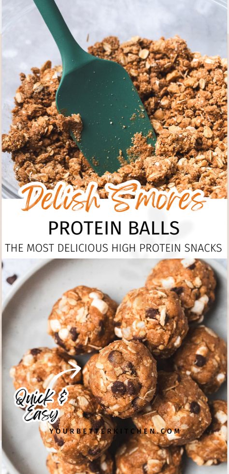 Are you searching for the most delicious protein balls? Try our 7-ingredient, 10-minute, no-bake s'mores protein balls. These healthy desserts are easy to make with protein powder, almond butter, chocolate chips, oats, honey, marshmallows, and graham crackers. They're so tasty, you'll want to make these DIY treats for meal prep or anytime you crave a sweet but less indulgent treat. Visit yourbetterkitchen.com for this and other healthy high-protein snacks. Desserts With Protein Powder, Diy Protein Balls, Honey Marshmallows, Healthy 2024, Protein Balls Recipe, Easy Healthy Snack Ideas, Protein Dessert Recipes, Oats Protein, Protein Balls Healthy