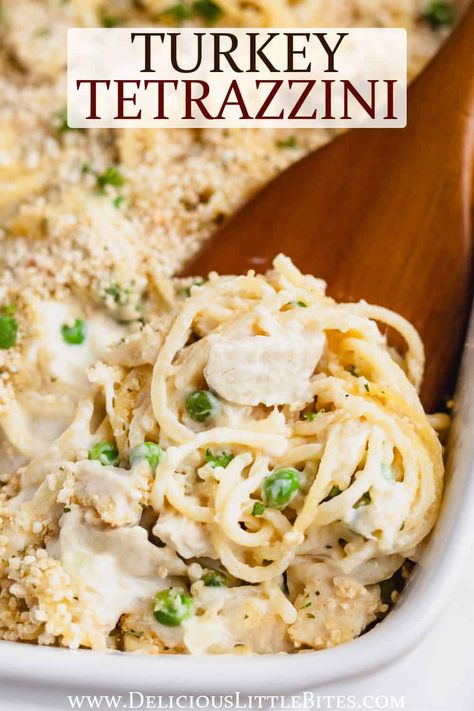 Turkey Tetrazzini is a rich and creamy casserole recipe that is made with spaghetti, turkey, and peas in a Parmesan and mozzarella cheese sauce. It's a delicious family-friendly meal and a great way to use up leftover turkey from the holidays, as well. Keto Turkey Tetrazzini Recipe, Pioneer Woman Turkey Tetrazzini, Leftover Turkey Tetrazzini Recipe, Turkey Terrizinni, Turkey Tettrazini Casserole, Turkey Tetrazzini Casserole, Turkey Tetrazzini Recipe Easy Healthy, Turkey Tetrazzini Recipe Easy Cream Of Mushroom, Easy Turkey Tetrazzini Recipe