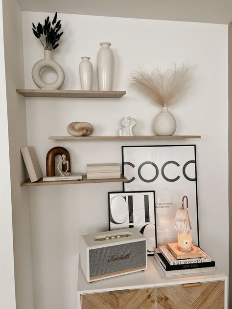 Under Shelf Decor, Floating Shelf Decor Hallway, Bedroom Shelving Decor, Floating Shelve Decorating Ideas, White Floating Shelf Decor, Double Shelf Decor, Aesthetic Shelves Decor, Small Floating Shelf Decor, Shelves Above Sideboard