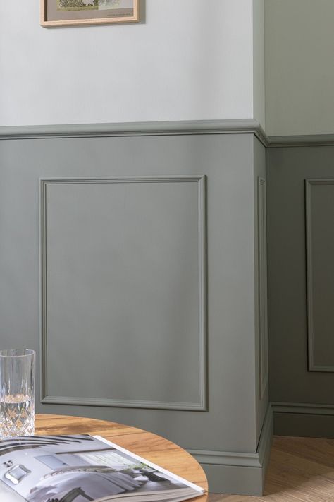 Dining Room Brick Accent Wall, Half Wooden Wall Panelling, Sage Green Half Panelling, Dado Rail Panelling Living Room, Panelled Walls Lounge, Dado Wall Panelling, Bedroom Wood Panel Wall, Front Room Accent Wall, Front Room Panelling