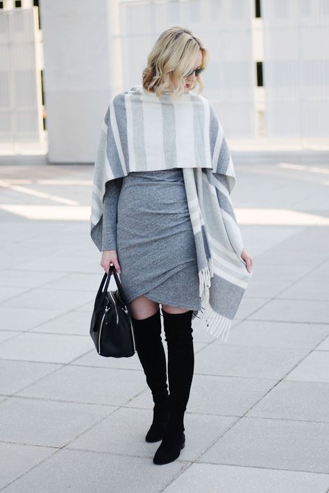 how to style a poncho with a dress, poncho worn as a wrap, ruched dress, over the knee boots #OTKboots #fall #fashion #poncho Style A Poncho, How To Style A Poncho, Fashion Poncho, Cute Fall Fashion, Straight A, Stylish Coat, Style Inspiration Fall, Cute Fall Outfits, Fall Style