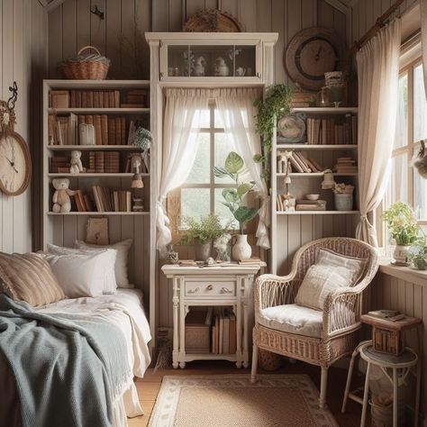 Fairytale Cottage Bedroom, Cottagecore Bookshelf, Cottagecore House Interior, Cottagecore Interior Design, Cottagecore Bedroom Ideas, Cottage Core Bedroom, Cottagecore Interior, Cottagecore House, Cottagecore Bedroom