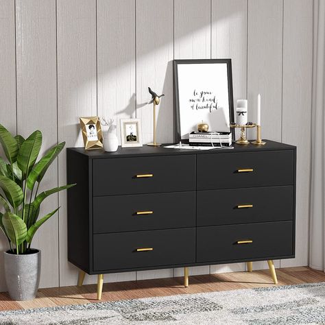 White And Gold Dresser, Dresser Dresser, Wide Chest Of Drawers, Modern Chests, Gold Dresser, Black Dressers, Dresser For Bedroom, 7 Drawer Dresser, Hallway Entryway