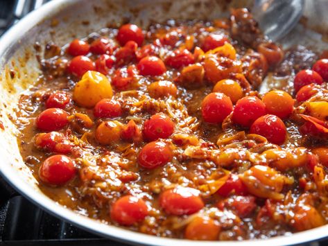 The Secret to a Better Burst-Tomato Pasta: XO Sauce | Serious Eats Burst Tomato, Burst Cherry Tomatoes, Xo Sauce, Cherry Tomato Sauce, Cherry Tomato Pasta, Easy Pasta Dishes, Harvest Recipes, Cherry Tomato, Tomato Pasta