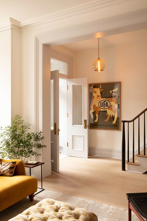 Living Room in Brooklyn Brownstone  by Hadley Wiggins Inc. on 1stdibs Rowhouse Interiors Living Room, Brooklyn Townhouse Living Room, Brownstone Kitchen Brooklyn, Brooklyn Brownstone Living Room, Nyc Brownstone Interior Living Room, Narrow Brownstone Living Room, Georgian Modern Interior, Brownstone Living Room Layout, Brooklyn Brownstone Interior Living Room