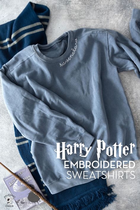 Embroidered Harry Potter Inspired Sweatshirts | Polka Dot Chair Harry Potter Sewing, Ravenclaw Sweatshirt, Harry Potter Embroidery, Child Apron Pattern, Drawstring Bag Tutorials, Harry Potter Fabric, Polka Dot Chair, Harry Potter Sweatshirt, Harry Potter Shirts