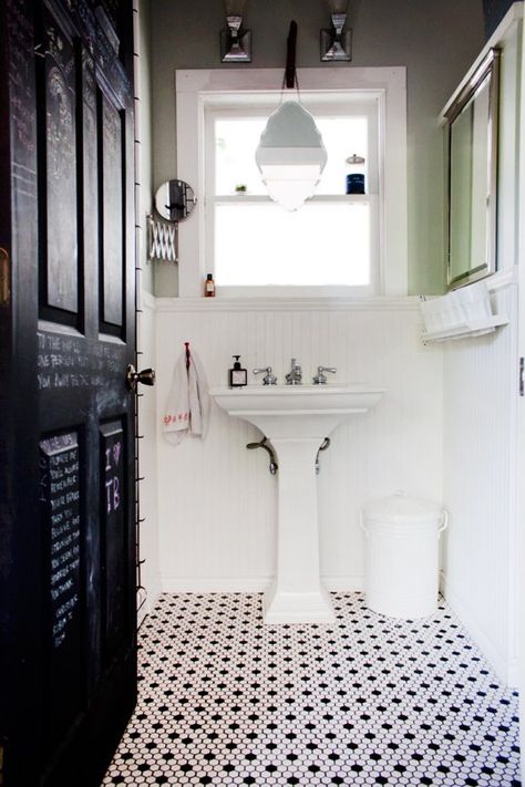 10 Things to Do to Improve Your Home That Only Take an Hour | Apartment Therapy Black And White Bathroom Floor, Hex Tiles, Small White Bathrooms, Attic Bathroom, Bad Inspiration, Industrial Interiors, Pedestal Sink, Small Bathroom Storage, Bathroom Storage Organization