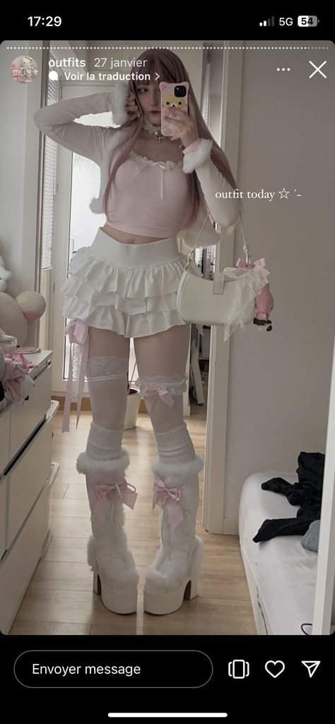 Cute Pretty Outfits, White Demonia Boots Outfit, Cute Core Style, Midsize Coquette Outfits, Sweet Like Candy Outfit, White Themed Outfit, Pastel Clothes Outfits, Soft Kawaii Outfits, White Outfits Aesthetic