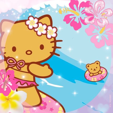 Hello Kitty Beach Widget, Sanrio Tropical, Hawaii Aesthetic Hello Kitty, Beach Hello Kitty Aesthetic, Summer Hello Kitty Pfp, Tropical Hello Kitty App Icon, Gyaru Hello Kitty Pfp, Hello Kitty Surfing, Hello Kitty Summer Icons