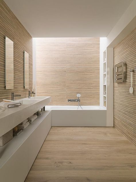 Porcelain Wood Tile Bathroom, Wood Tile Bathroom, Porcelain Wood Tile, Wood Wall Bathroom, Maple Floors, Modern Bathroom Lighting, Room Tiles, Wood Look Tile, Bathroom Wall Tile