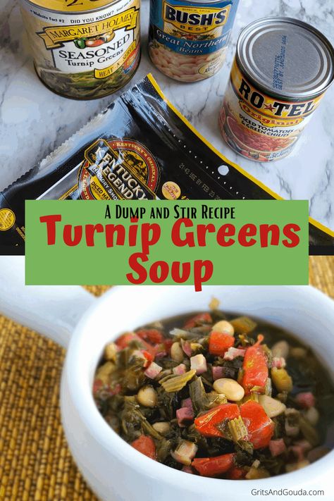 Shortcut Turnip Greens Soup | Beans and Greens - Grits and Gouda Turnip Green Soup, Turnip Soup, Greens Soup, Beans And Greens, 2 Ingredient Recipes, Soup Beans, Green Soup, Turnip Greens, Potluck Recipes