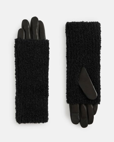 Darby Knitted Cuff Leather Gloves Black | ALLSAINTS Canada Boucle Knit, Black Leather Gloves, Gloves Black, Goat Leather, Secret Life, Sweaters And Jeans, Leather Cuffs, Accessories For Men, Up Girl