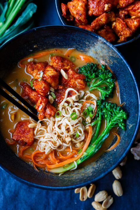 Peanut Butter Ramen Peanut Ramen, Gochujang Tofu, Peanut Butter Ramen, Tofu Ramen, Ramen Broth, Vegan Ramen, Pickled Radishes, Butter Rice, Homemade Peanut Butter