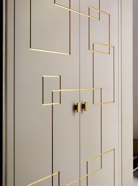 Closet features gray bi-fold doors accented with gold Greek key trim. Placard Design, Wardrobe Design Modern, Modern Cupboard, Wardrobe Door Designs, Art Deco Bedroom, White Forest, Wardrobe Design Bedroom, Door Design Interior, Bedroom Wardrobe