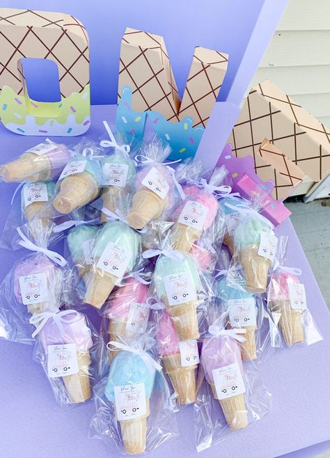 Ice Cream Donut Birthday Party, Ice Cream Goody Bags, Too Sweet Birthday Party Food, Two Sweet Favors, Ice Cream Theme Goodie Bags, Fourth Birthday Ice Cream Party, Princess Ice Cream Party, Ice Cream Social Party Decoration, I’ve Cream Party Favors