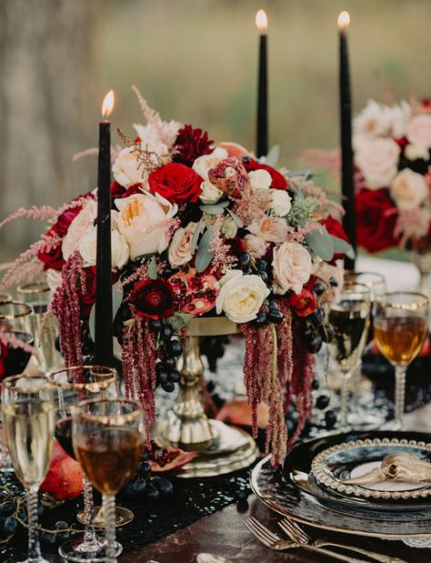 Burgundy centerpiece with pomegranates and dripping amaranthus Halloween Wedding Centerpieces, Flowers And Candles, Halloween Themed Wedding, Dark Wedding, Fall Tablescapes, Moody Wedding, Easy Diy Halloween, Black Candles, Glam Wedding