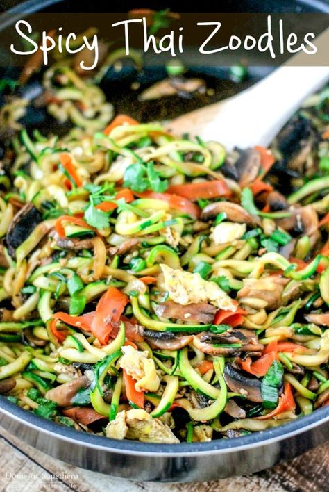 One Pot Spicy Thai Zoodles are the perfect healthy meal! Substitute zucchini noodles for pasta for only 162 calories PER SERVING! So amazing! Thai Zoodles, Spicy Thai Noodles, Zoodle Recipes, Spiralizer Recipes, Spicy Thai, Zucchini Noodles, Zucchini Recipes, Veggie Dishes, Veggie Recipes