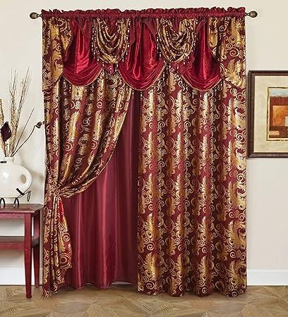 Amazon.com: GLORY RUGS Jacquard Luxury Window Panel Set Burgundy Curtain with Attached Valance and Backing Bedroom Living Room Dining 110X84 inches Each Jana : Home & Kitchen Curtains With Attached Valance, Luxury Window Curtains, Burgundy Curtains, Victorian Curtains, Gold Curtains, Doorway Curtain, Luxury Curtains, Elegant Curtains, Bedroom Balcony