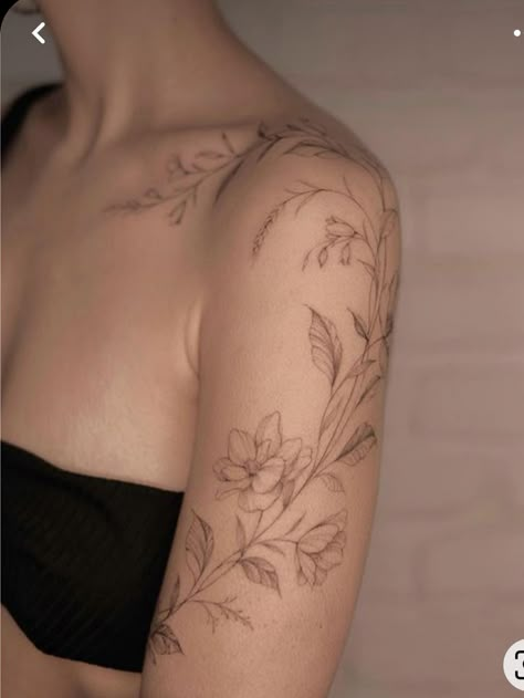 Flowers On The Shoulder Tattoo, Fine Line Floral Tattoo Upper Arm, Floral Dainty Tattoo, Women’s Floral Chest Tattoo, Arm To Chest Tattoo Woman, Feminine Flower Tattoos Arm, Fine Line Vine Tattoo Arm, Floral Arm Piece, Lightly Shaded Flower Tattoo