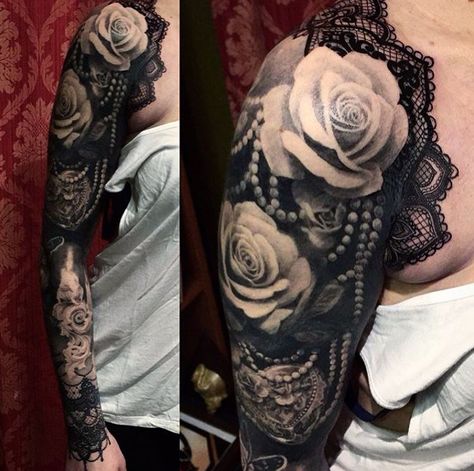 no information Tato Phoenix, Rose Sleeve, Girls With Sleeve Tattoos, Red Rose Tattoo, Geniale Tattoos, Tattoos Skull, Lace Tattoo, Full Sleeve Tattoos, Full Sleeve Tattoo