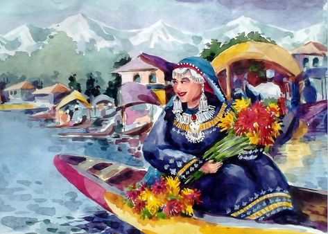 Kashmir : The Beautiful People – Kashmir RootStock Houseboat Kashmir, Kashmir Painting, Kashmiri Culture, Watercolor Indian, Dal Lake, Pakistan Culture, Composition Drawing, Paintings Nature, Watercolor Paintings Nature