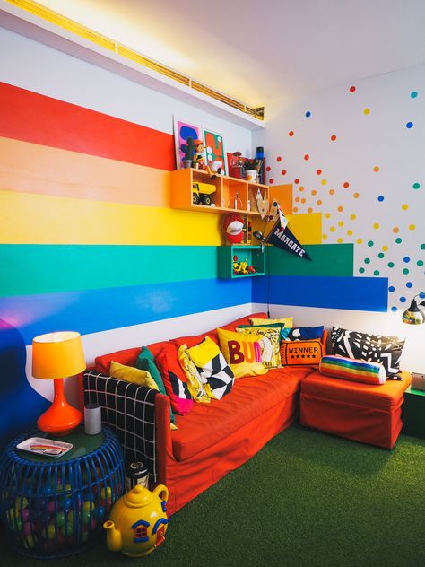 big bit margate super colourful house tour unicorn home airbnb polka dot walls rainbow walls red sofa fun cushions home made Colourful Playroom Ideas, Kids Colorful Bedroom, Colorful Kids Room Boy, Boys Rainbow Bedroom, Colorful Bedroom Walls, Kids Rainbow Bedroom, Rainbow Bedroom Ideas, Rainbow Bedrooms, Rainbow Accent Wall