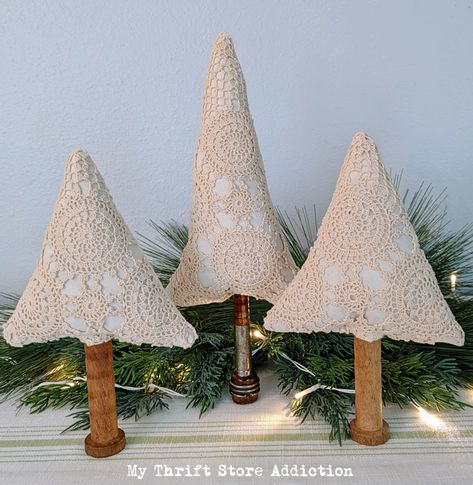 Doily Christmas Trees, Airstream Boutique, Lace Ornaments, Lace Christmas Tree, Decorative Trees, Elf Crafts, Doily Art, Lace Trees, Canva Tips