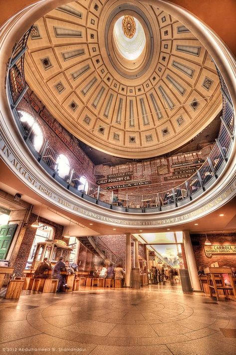 The Rotunda in the center of the Quincy Market Food Colonnade, the middle of three parallel buildings comprising Faneuil Hall Marketplace in Boston. By the time it incorporated in 1822, the city's downtown commercial demands had outgrown the capacity of Faneuil Hall. Quincy Market, designed by Alexander Parris and built 1824-1826 between Faneuil Hall and the waterfront as an indoor pavilion of vendor stalls, was named for Mayor Josiah Quincy, who oversaw its construction without any tax or debt. Quincy Market, Boston History, Downtown Boston, Boston Strong, Centre Commercial, Boston Massachusetts, Boston Ma, Oh The Places Youll Go, Favorite City