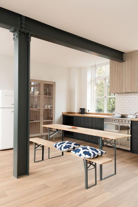 The Clerkenwell Apartment | deVOL Kitchens Exposed Steel Column Kitchen, Metal Beam, Devol Kitchens, Pale Wood, Steel Columns, Handmade Kitchen, Urban Rustic, Steel Beams, Casa Container