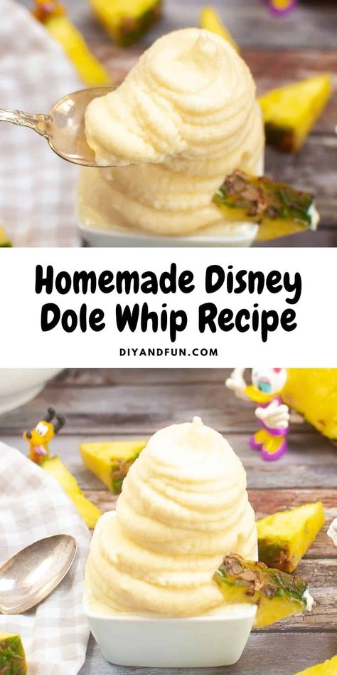 Homemade (Disney) Dole Whip Recipe, a simple copycat version of the famous frozen pineapple flavored dessert. 3 Ingredients. Dessert 3 Ingredients, Disney Dole Whip Recipe, Homemade Dole Whip, Pineapple Whip Recipe, Disney Dole Whip, Dole Pineapple Whip, Dole Whip Recipe, Whipped Yogurt, Pineapple Whip