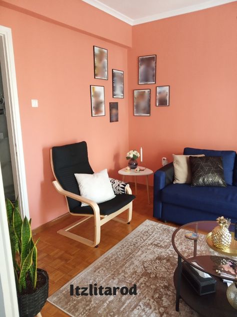 Salmon Accent Wall Living Room, Peach Wall Paint Living Room, Salmon Pink Living Room, Salmon Color Living Room, Peach Sofa Living Rooms, Salmon Color Bedroom, Salmon Wall Color, Peach Living Room Walls, Salmon Living Room