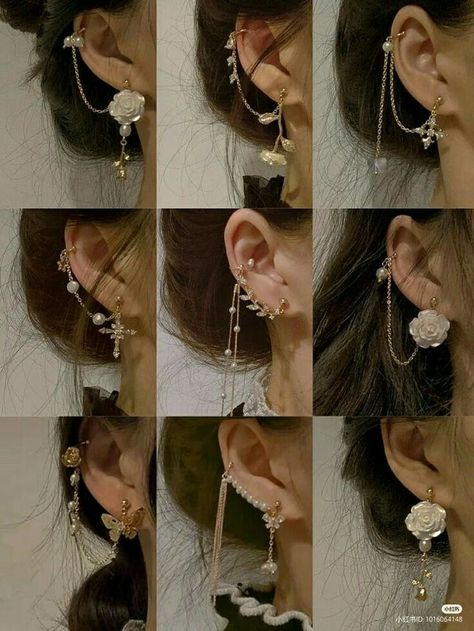 Anting Anting Aesthetic, Vintage Jewellery Aesthetic, Hand Jewelry Rings, Earring Cuff, Types Of Ear Piercings, Pretty Jewelry Necklaces, Gaun Fashion, Princess Jewelry, Fancy Jewellery Designs