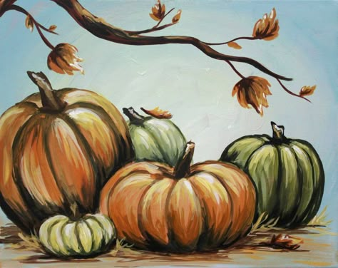 Harvest Pumpkins Pumpkins And Leaves, Fall Paintings, Fall Canvas Painting, Wine And Canvas, Fall Canvas, Paint Nite, Holiday Painting, Art Carte, Painting Party