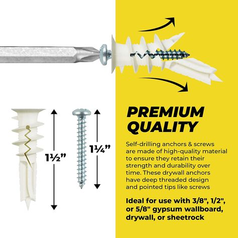 Amazon.com: #8 Self Drilling Drywall Plastic Anchors with Screws - No Pre Drill Hole Preparation Required - 75 Lbs : Industrial & Scientific Drywall Anchor, Drywall Anchors, Wall Anchors, Wall Board, Hardware Store, Drywall, Anchors