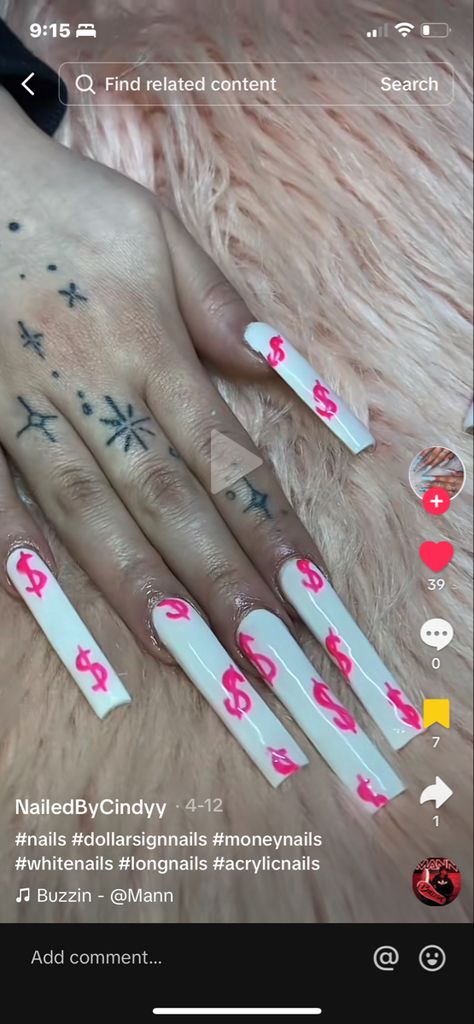 Dollar Sign Nails, Money Sign Nails, Gangster Nails, Money Sign, Dollar Sign, Unique Nails, White Nails, Long Nails, Nail Inspo