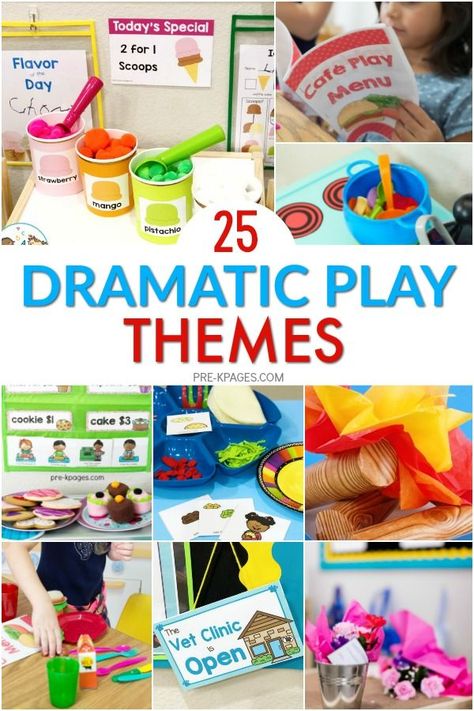 25 Dramatic Play Themes for Preschoolers Do you need some fresh, new ideas for dramatic play themes in your preschool or Pre-K classroom? Young children learn best through play. When children engage in pretend, or dramatic play, they’re developing many important skills that will help them build a strong foundation for future success in school. Spring Dramatic Play For Toddlers, Dramatic Activities For Preschoolers, Spring Dramatic Play Preschool, February Dramatic Play, Kindergarten Play Centers, Dramatic Play For Toddlers, Themes For Preschool, Dramatic Play Centers Preschool, Preschool Dramatic Play