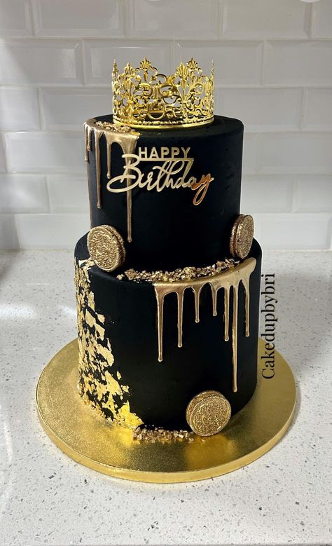 Black And Gold 2 Tier Cake, Black And Gold 40th Birthday Cake, Black And Gold Cake For Men Birthday, Black And Gold Theme Cake, Black And Gold Birthday Cakes, Groom To Be Cake Designs, White Black And Gold Cake, Black And Gold Cake Birthday For Women, 64 Birthday Cake