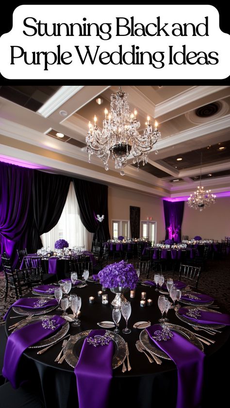 Elegant black and purple wedding decor with silver accents. Royal Purple And Silver Wedding Theme, Black Silver And Purple Party, Lavender Black And Silver Wedding, Dark Blue And Purple Wedding Decorations, Purple And Gold Bouquet Wedding, Purple And Gray Wedding Ideas, Black And Purple Wedding Reception, Purple Aesthetic Wedding Theme, Dark Purple Centerpieces